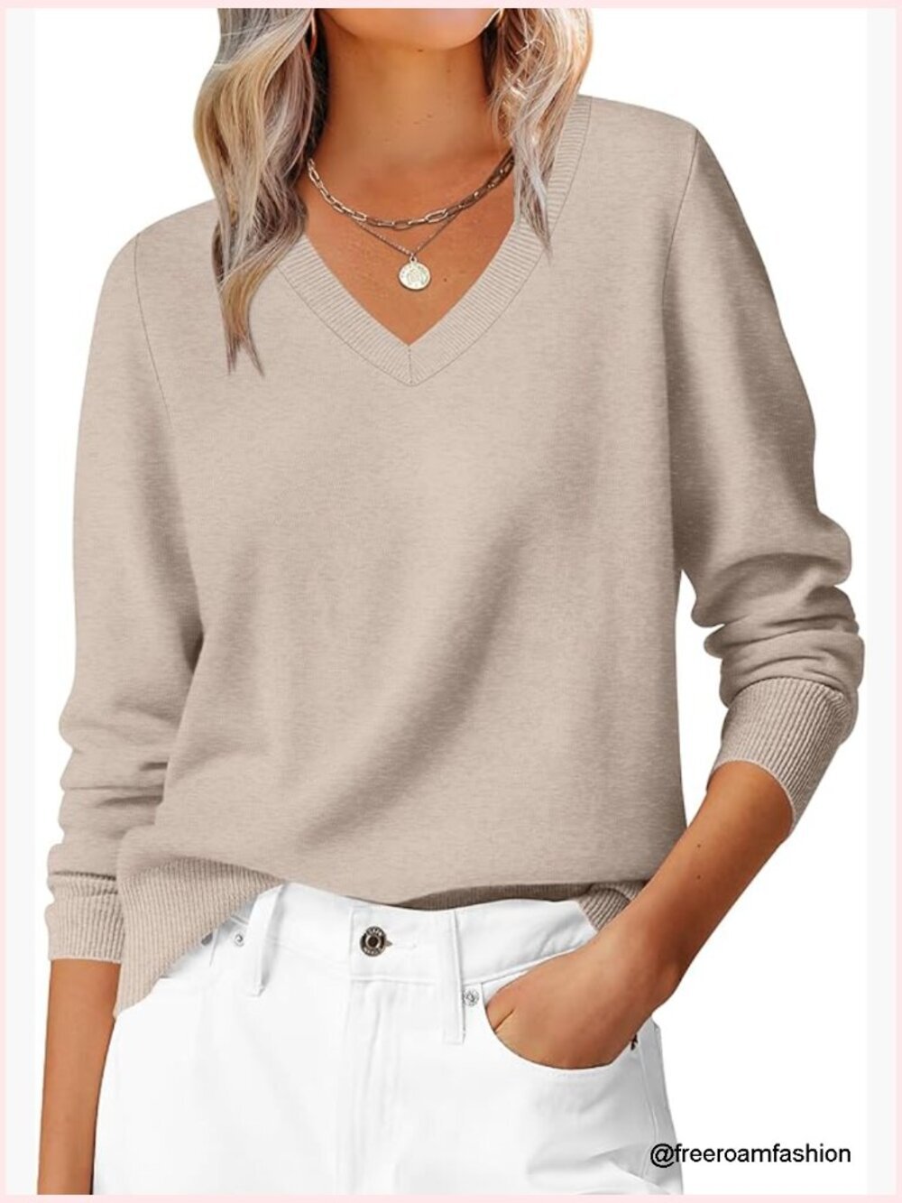 Long Sleeve V Neck Pullover Sweater Casual Soft Loose Fit Basic Top